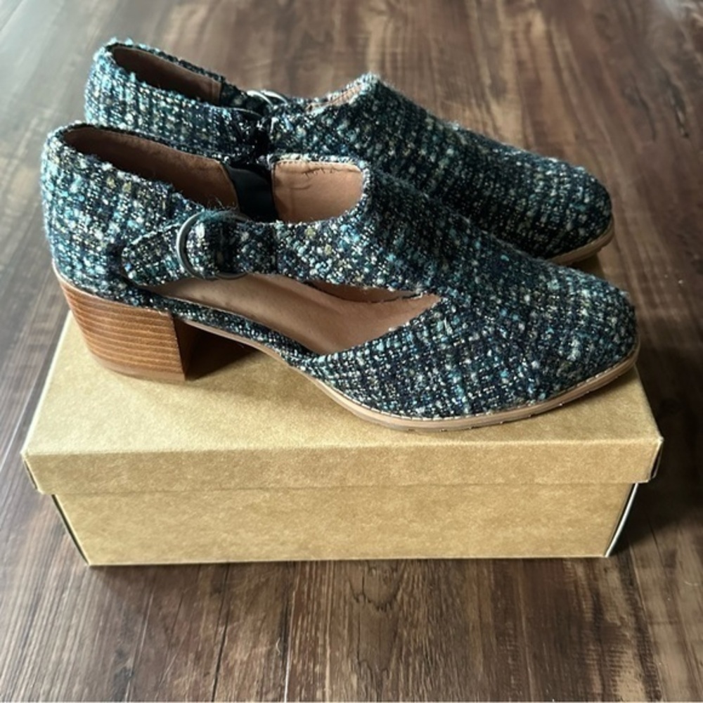Anthropologie “all black” brand ankle boots - cutout tweed botanical motif